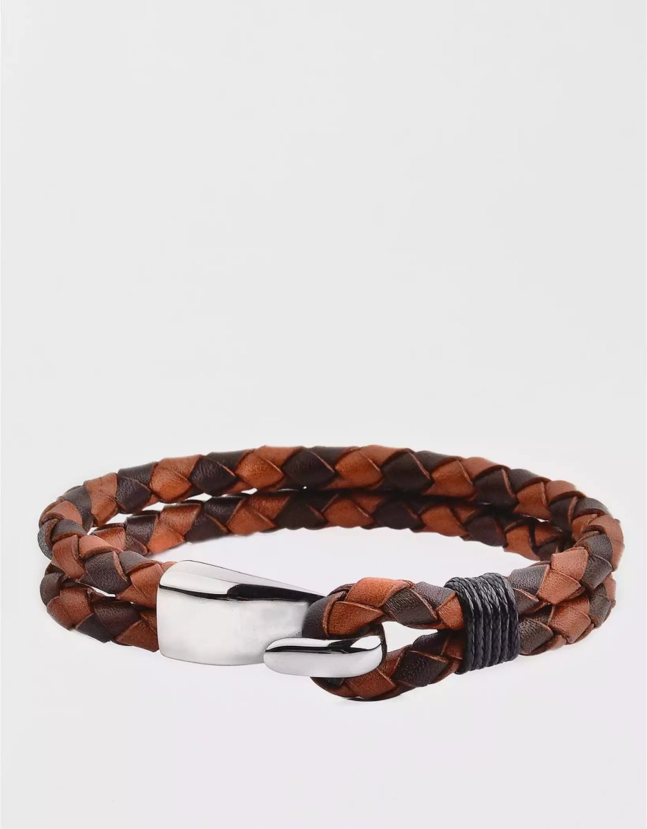 Bijoux American Eagle Stainless Steel Braided Cuir Bracelet Marron Homme | LSE-01648006